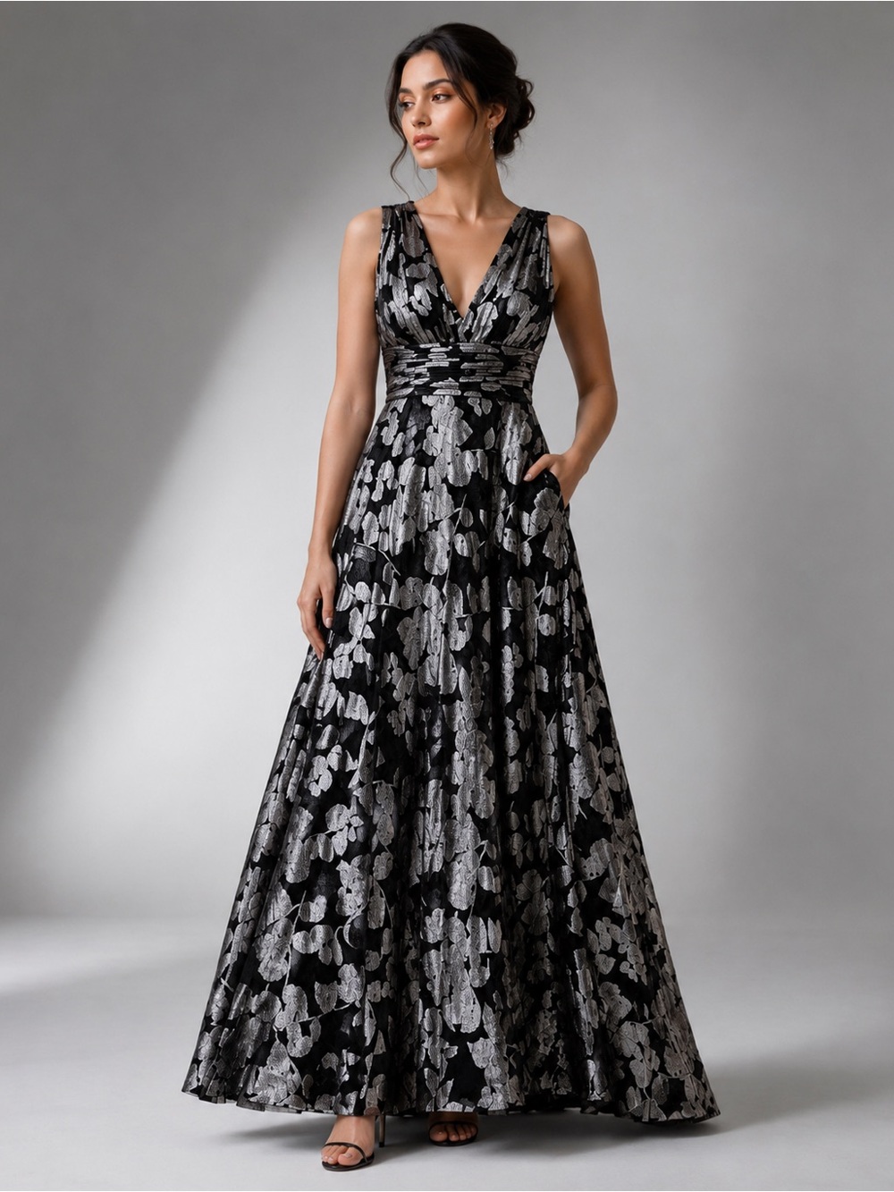 BA Nites Foil Crinkle V-Neck Evening Gown